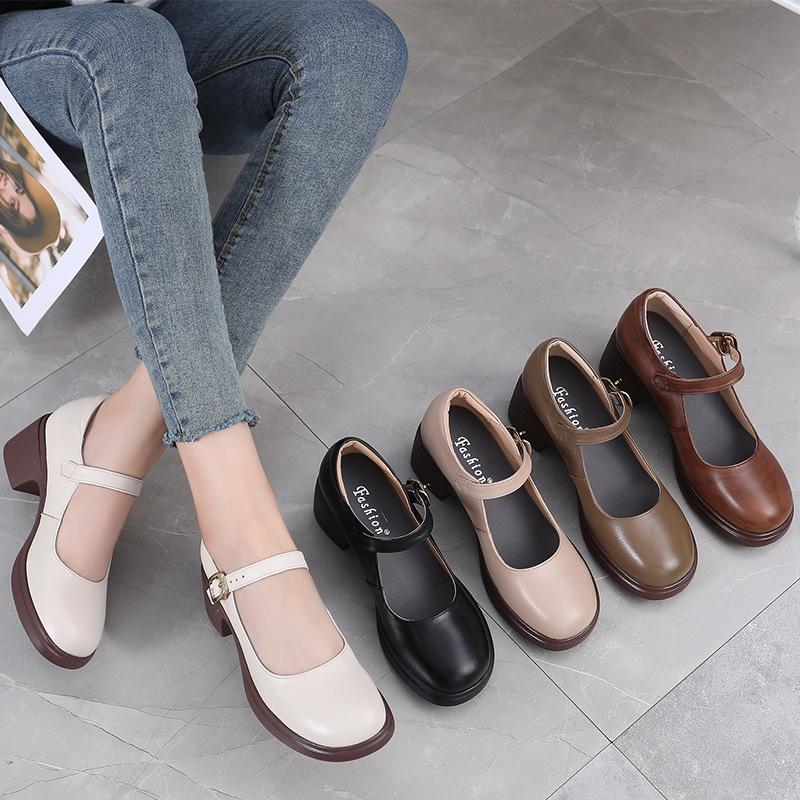 Echte Leren Schoenen Dames Pumps met Ronde Neus Comfort Koeienleer Hoge Hakken Schoenen Mode Ondiepe Mond Zachtzool Moeder Schoenen