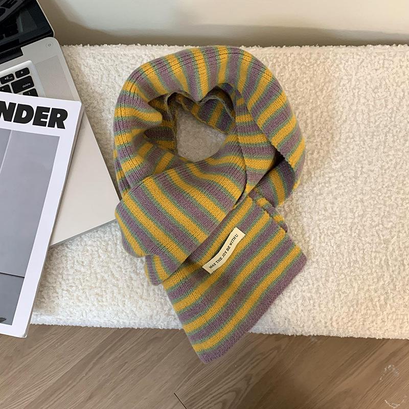Scarf wool knitted autumn and winter new versatile thickened warm literary striped scarf shawl scarf