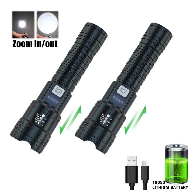 Built in Battery LED Powerful Flashlight USB Rechargeable Power Display Screen Outdoor Camping Portable Torch Emergency Lighting