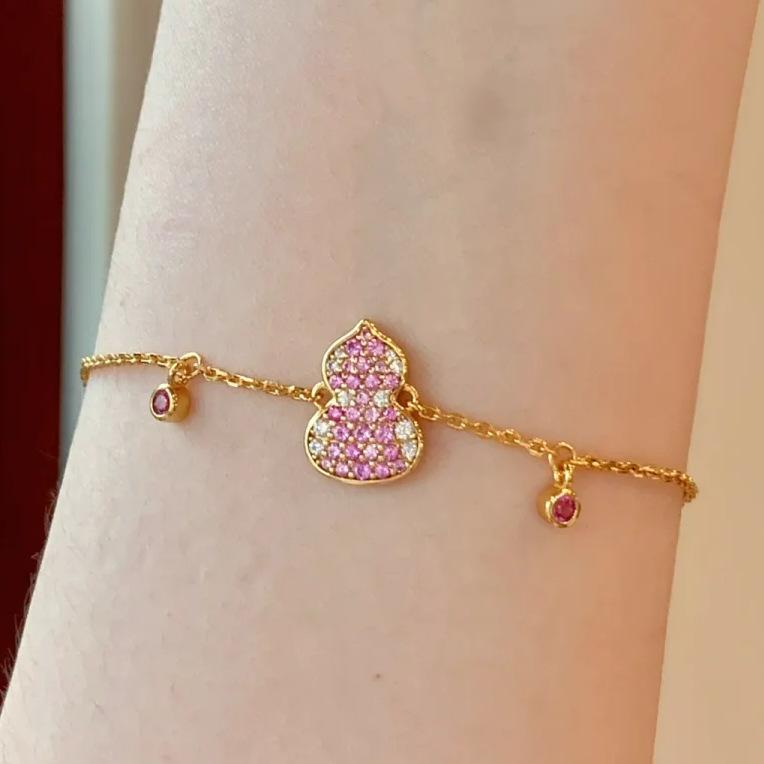 

Light Luxury High-End Full Diamond Gradual Change Pink Corundum Gourd Bracelet Necklace National Style Fashion Niche Design Suit Women