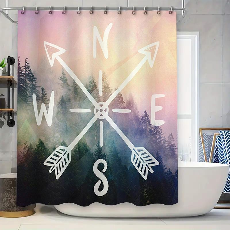 

Waterproof Watercolor Forest Shower Curtain With Compass Design Pink, Purple, Green And White Colors For Bathroom Decor W60H190(CM)-1 Pcs