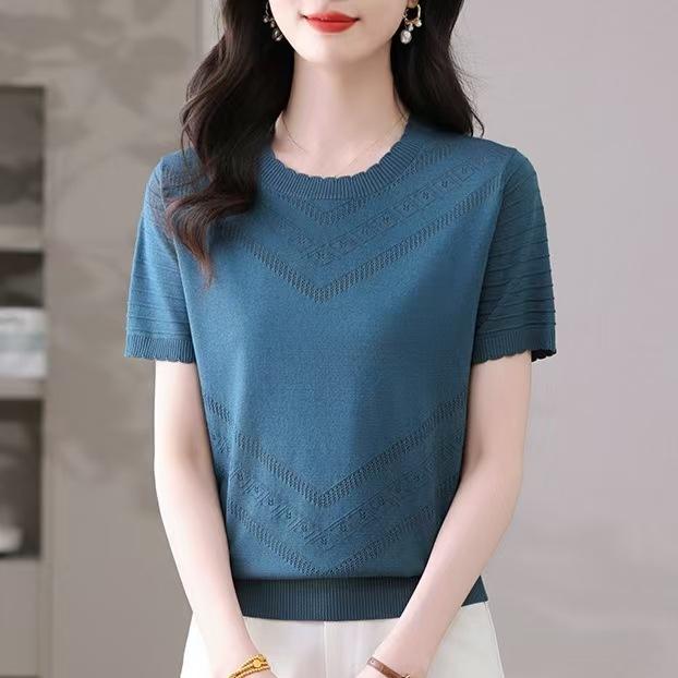 Summer Round Neck Hollow Ice Silk Knitted Shirt for Women Women's Short Sleeved T-shirt Loose Top