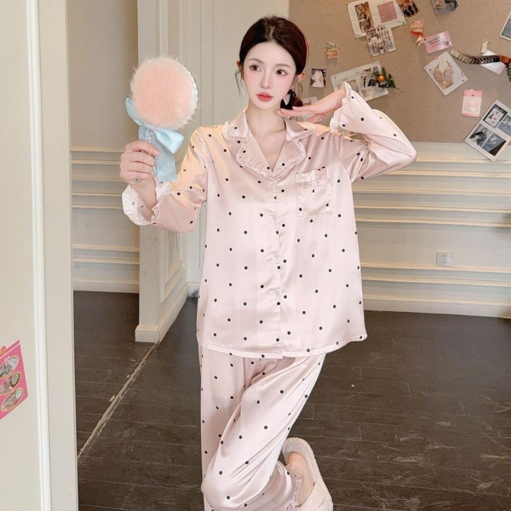 1011 spring new ice silk pajamas women's long-sleeved trousers fairy polka dot printed cardigan loungewear sweet