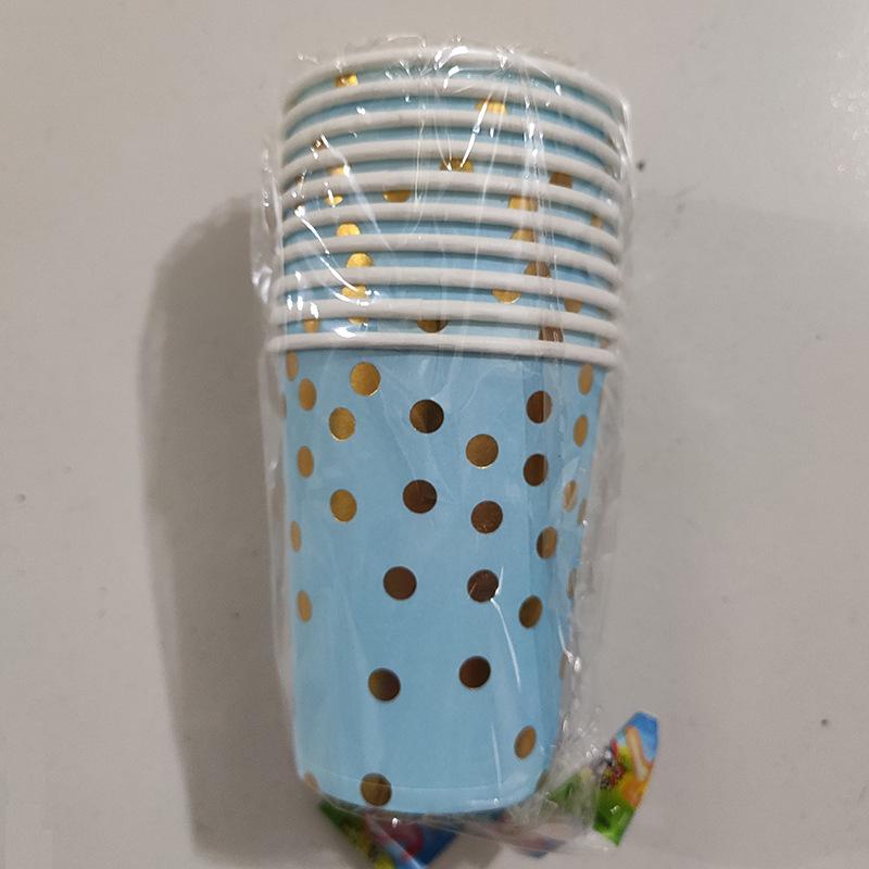 Blue and Gold Polka Dot Birthday Tableware Set: Disposable Dinner Plates, Dessert Plates, Cups, and Napkins