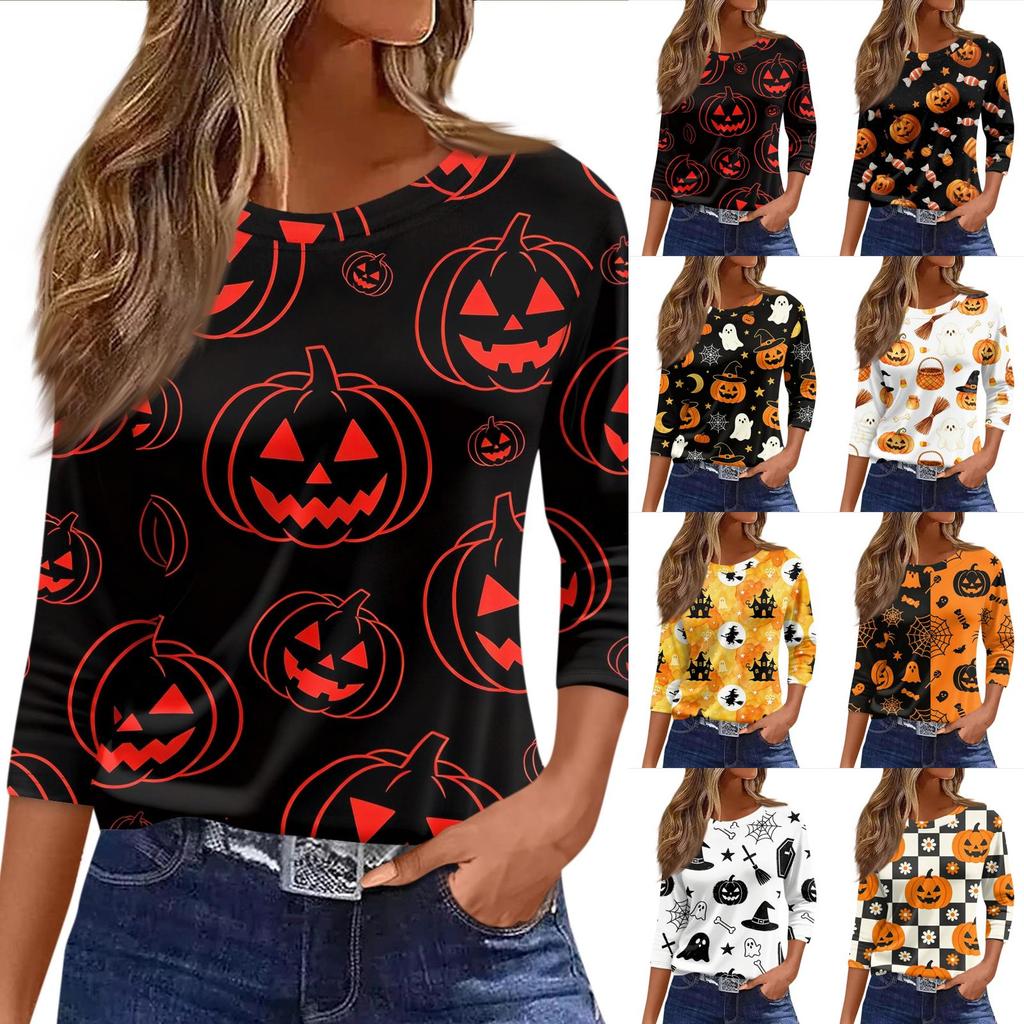 Women's Halloween Print 3/4 Sleeve Loose Fit Casual Round Neck Shirt Pumpkin Candy Pattern Top for Fall Seasonal Wear