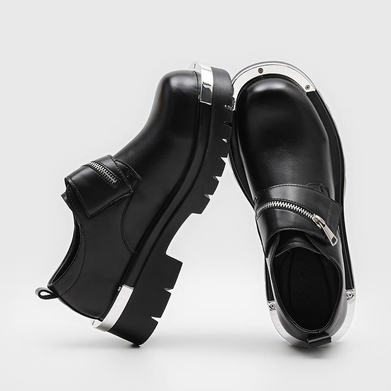 Thick Sole Big Head Metal Style Derby Shoes for Men Zipper Decorati Anti Kick Anti Slip Persalized Casual Youth Men Shoes