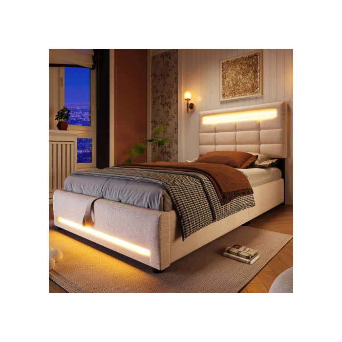 Lit Rembourré - MUVOE - 90x200 Cm - Prise USB - Lin Beige - Stockage Hydraulique Caché