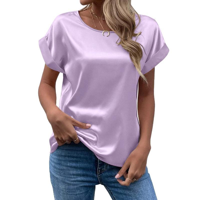 Spring and Summer New Women's Short-sleeved Satin Shirt Loose Casual Round Neck Satin T-shirt Women