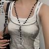 Y2K Subculture Baroque Hollowed-out Cross Pendant Collar Black Beaded Fold Wear Long Necklace for Women Personality Punk Jewelry