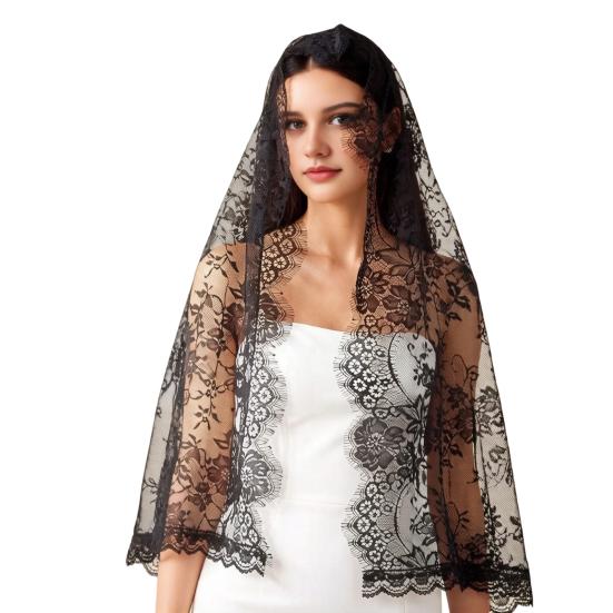 Lace Veil Mid-Length Shawl with Exquisite Lace Binding Elegant Head Scarf for Bridal Gothic Halloween Lolita Dress Matching