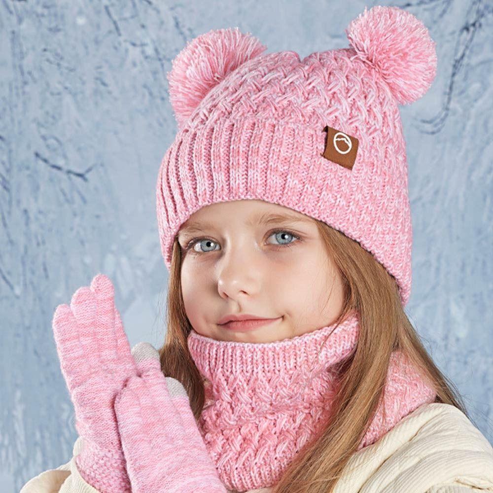 Thickened Beanie Hat with Pom Warm Touchscreen Gloves Casual Kids Hat Gloves Scarf Set