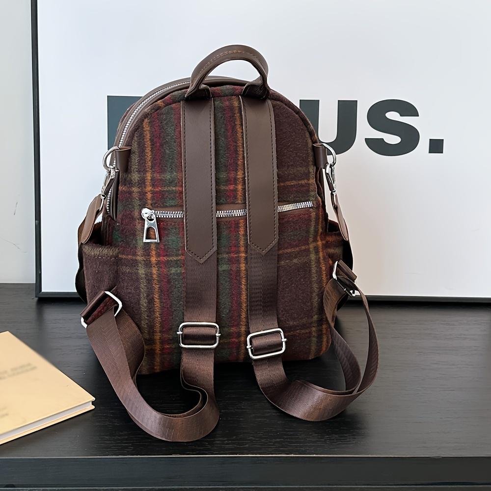 Casual Vintage Plaid Nylon Backpack for Women Large Capacity Zippered Adjustable Shoulder Straps Polyester Lined Carry-Over Daypack