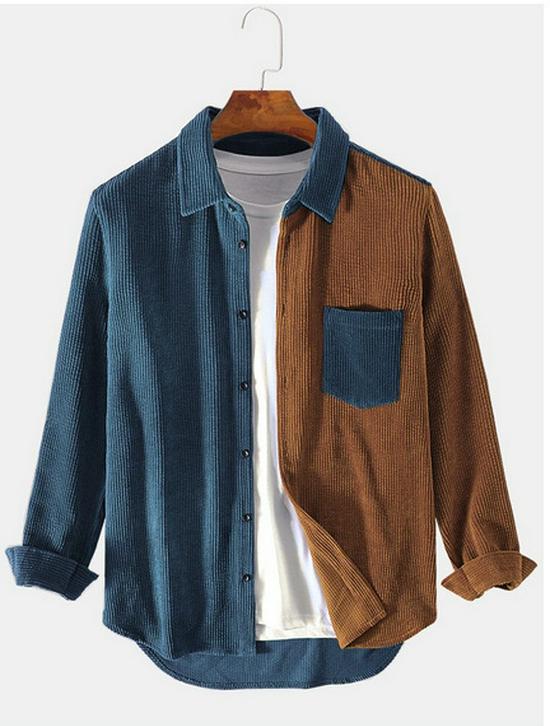 Autumn 2026 Men s Corduroy Colorblock Loose Long-Sleeve Shirt – Korean Japanese Style S