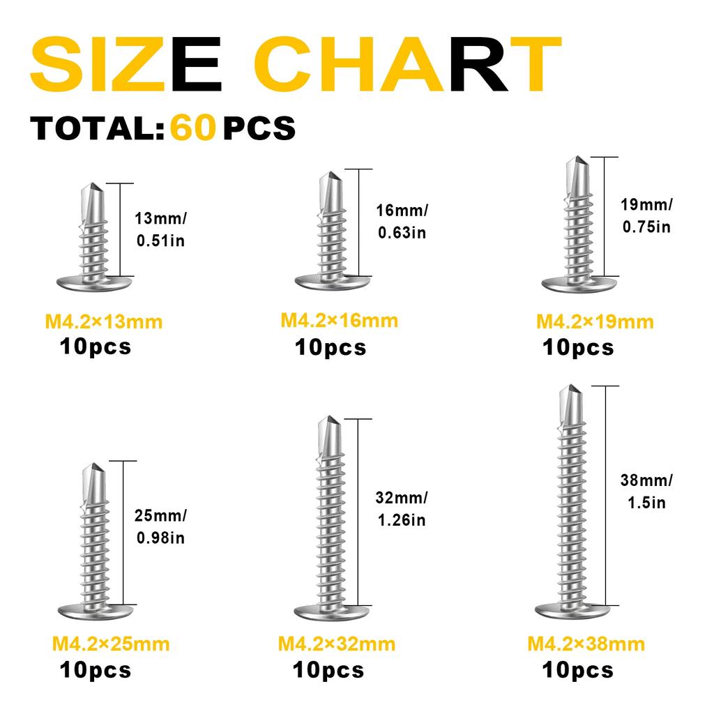 VKKM - M4.2 Self Drilling Screws, 60 Pieces of 410 Stainless Steel, Long Coverage, Platform Selection, Reliable Fastening.