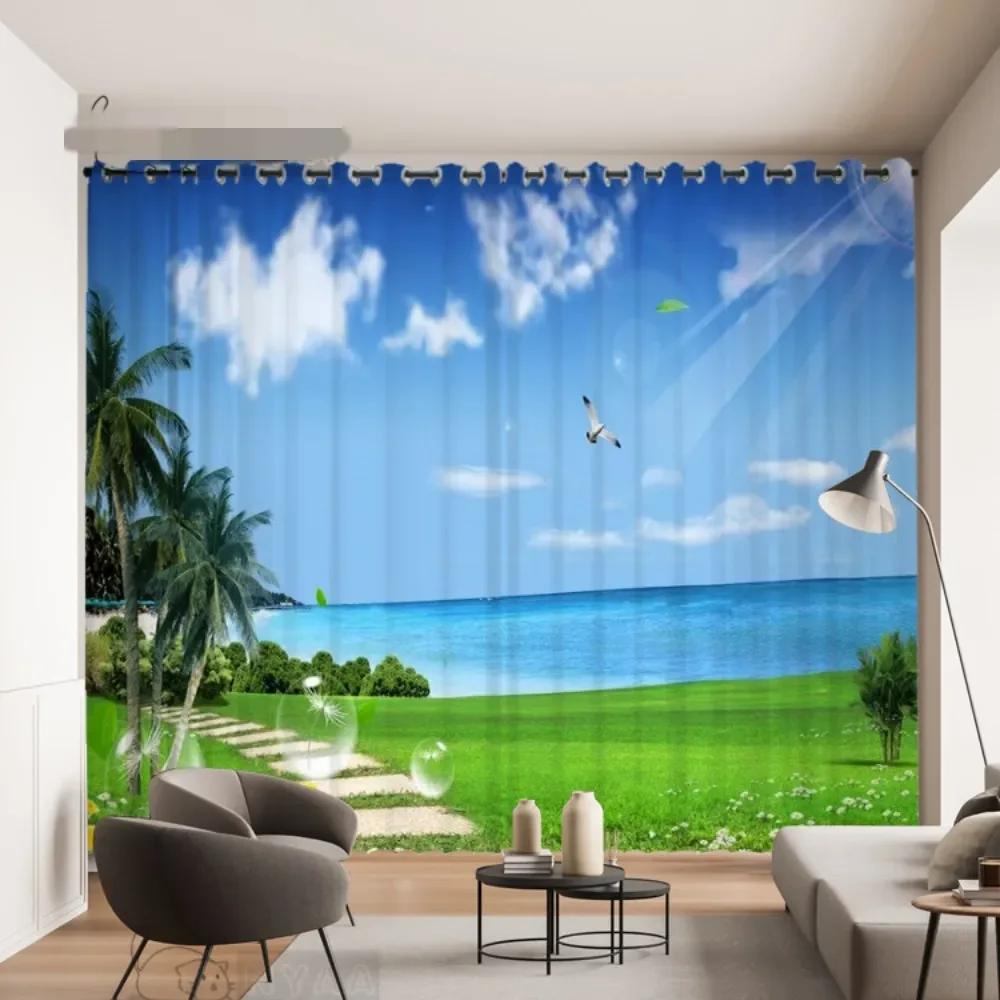 

3D 3DMaldivian Sea View Curtain Extended Space Beach Sea View Curtain Aegean Sea Curtain Custom 2 panel Living Room Kitchen Bedr Small(W50H50cm)-2&Grommet Top