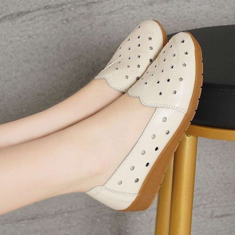 Real soft leather beef tendon sole hollow flat white shoes versatile lazy shoes soft sole non-slip Doudou shoes shallow single shoes women