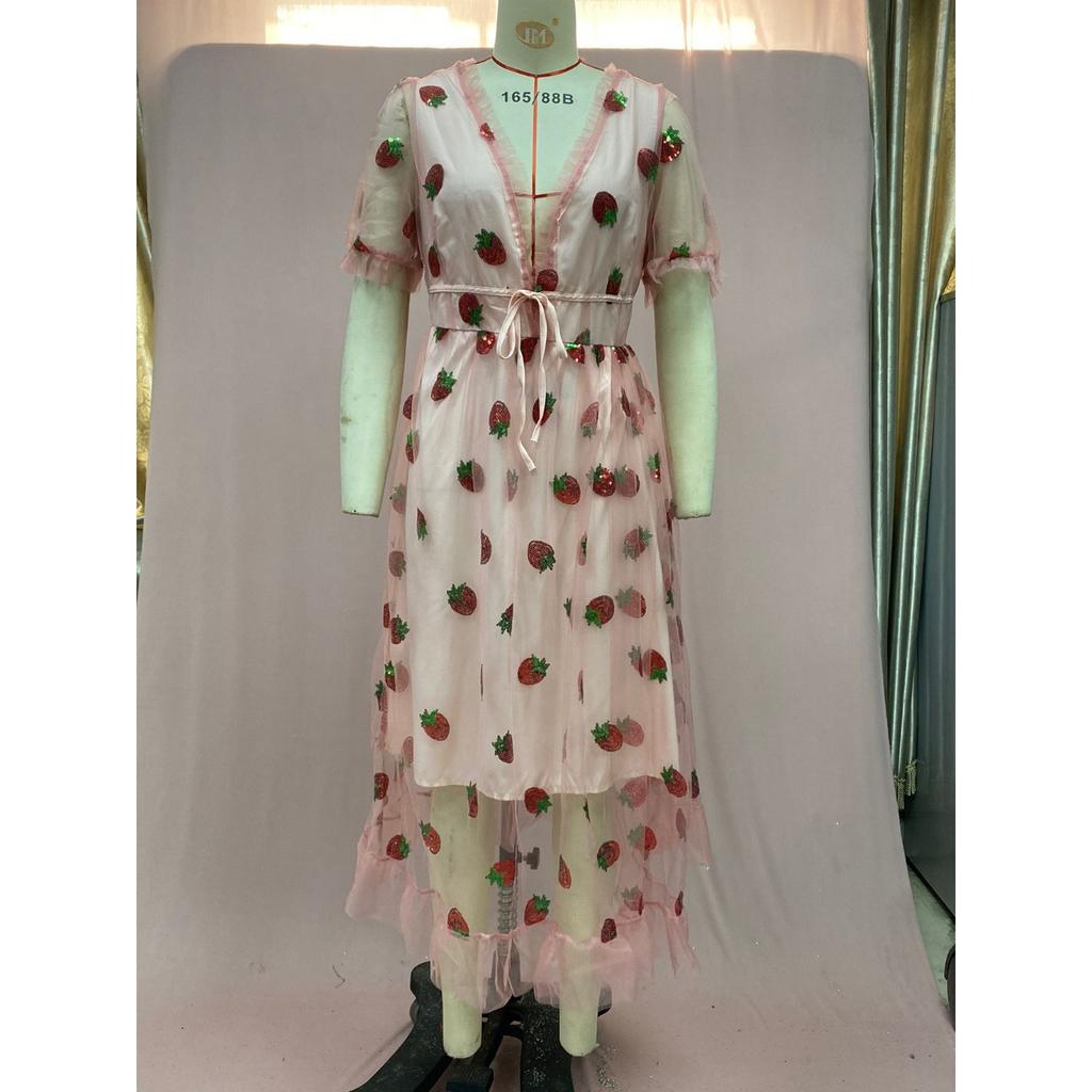 Damen Abendkleid mit Erdbeer-Pailletten-Verzierung, V-Ausschnitt Tüll Schnürung Langes Kleid, Elegantes Sexy A-Linien Ballkleid mit Fließendem Rock