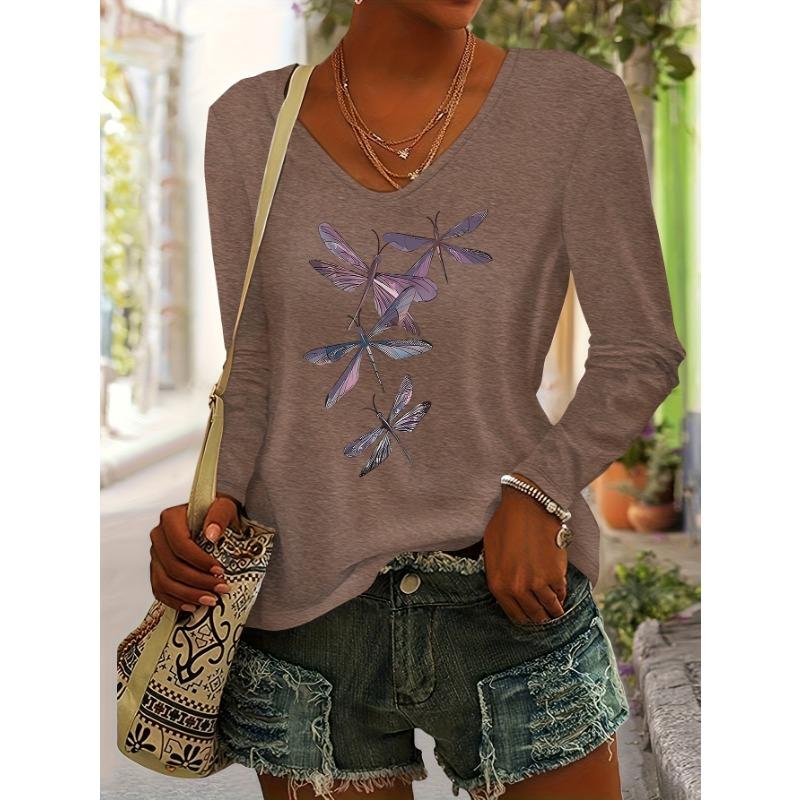 Dragonfly Print Women's Autumn/Winter Top, Daily Versatile Casual Fashion Color V-Neck Long Sleeve T-Shirt