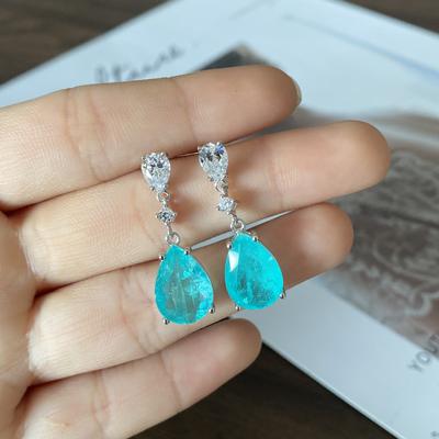 Premium Luxury Simulation Paraiba Stud Earrings Female  Stamp Fashion Drop Shape Stud Earrings Party Birthday Jewelry Gift