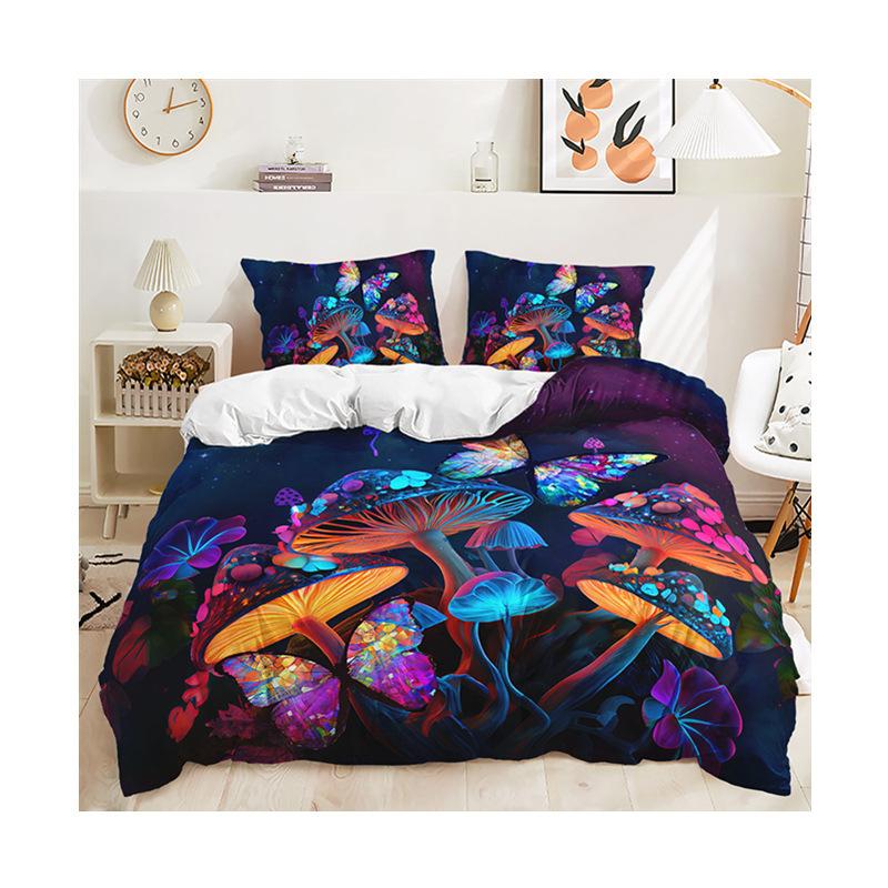 Butterfly Mushroom Flower Digital Printing Duvet Set Three-Piece Bedding Set