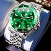 OLEVS Waterproof Quartz Analog Watch with Date Silver Stainless Steel Large Green Business Fashion Stylish and Watch for Men Rotating Men's Display,