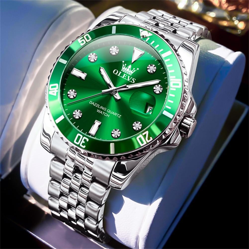 OLEVS Waterproof Quartz Analog Watch with Date Silver Stainless Steel Large Green Business Fashion Stylish and Watch for Men Rotating Men's Display,