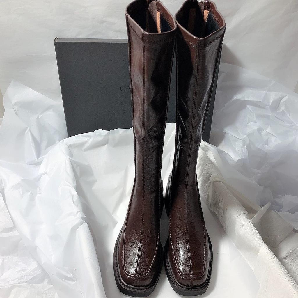 Vintage Thick Heel Women Knee High Boots Fashion Side Zippers Shoes Autumn Winter Ladies Concise Long Botas De Mujer