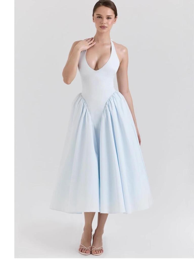 French Socialite Summer Halterneck Deep V-Neck Pleated Dress