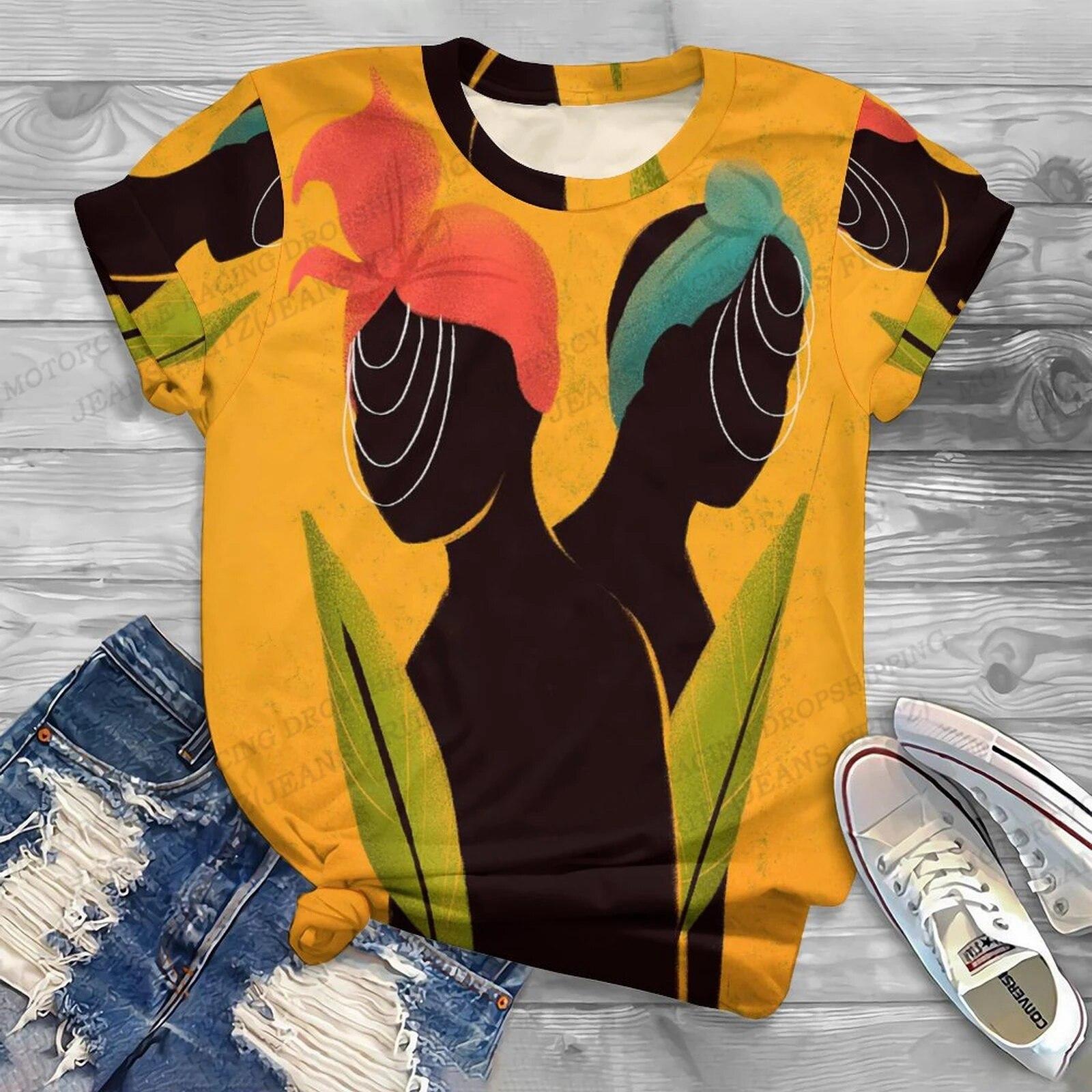 

Жіноча футболка Африканська дівчина Футболка з 3d-принтом Жіночі модні футболки Жіноча африканська футболка Harajuku Топи з короткими рукавами Чорні футболки L