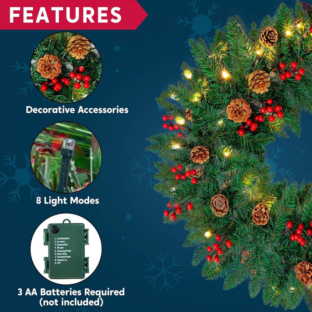 JOYFY 9Ft Artificial Christmas Garland Prelit with LED Lights 27 Pine Cones 27 Red Berries for Home Office Christmas Decorations