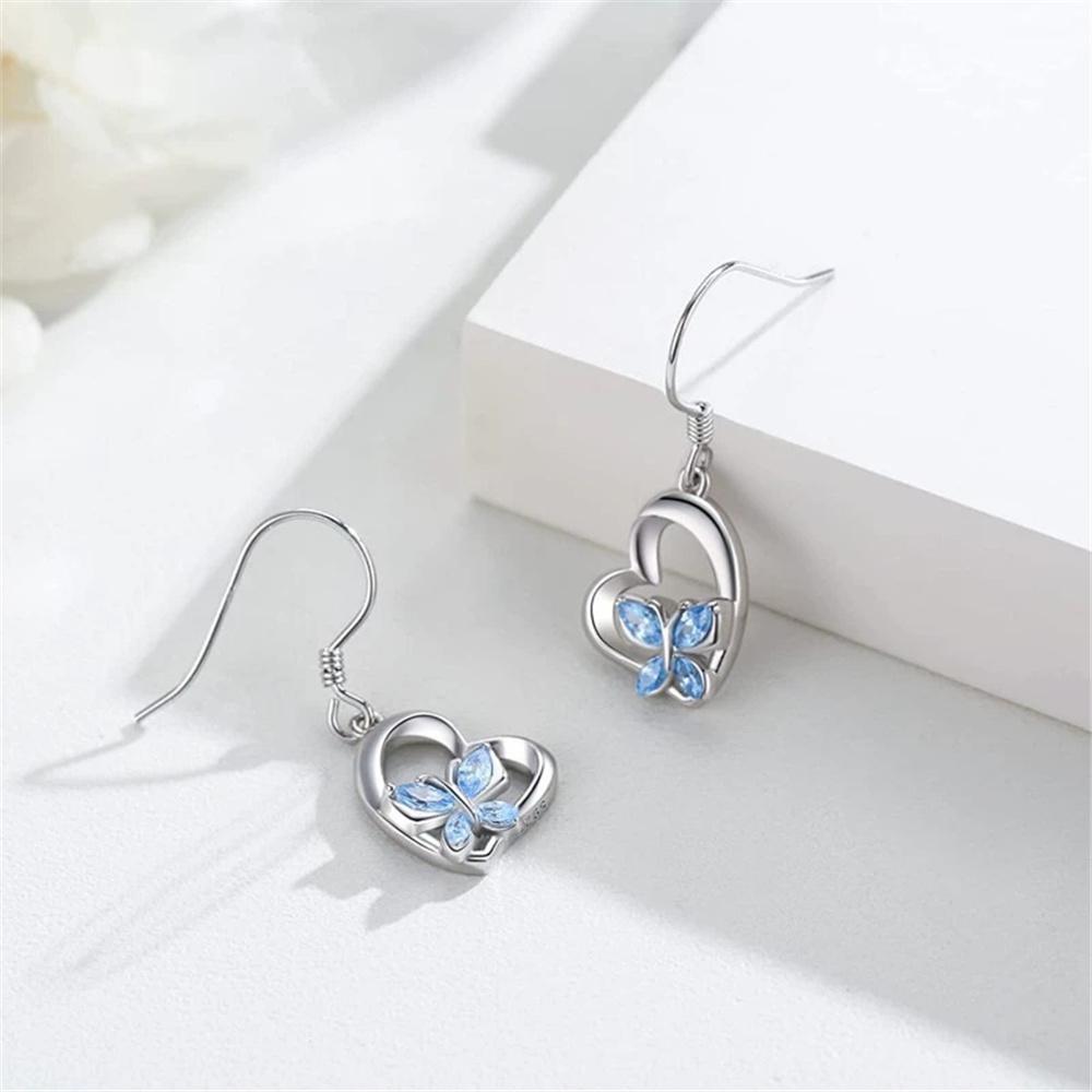 Charm Female Blue Zircon Stone Butterfly Drop Earrings Cute Trendy Bridal Silver Color Dangle Wedding  For Women
