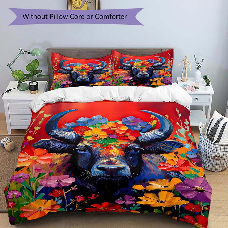 3pcs Bull Flowers Duvet Cover Set, 1 Duvet Cover + 2 Pillowcases (No Insert), High-Definition Print, Home & Dorm yy251123048