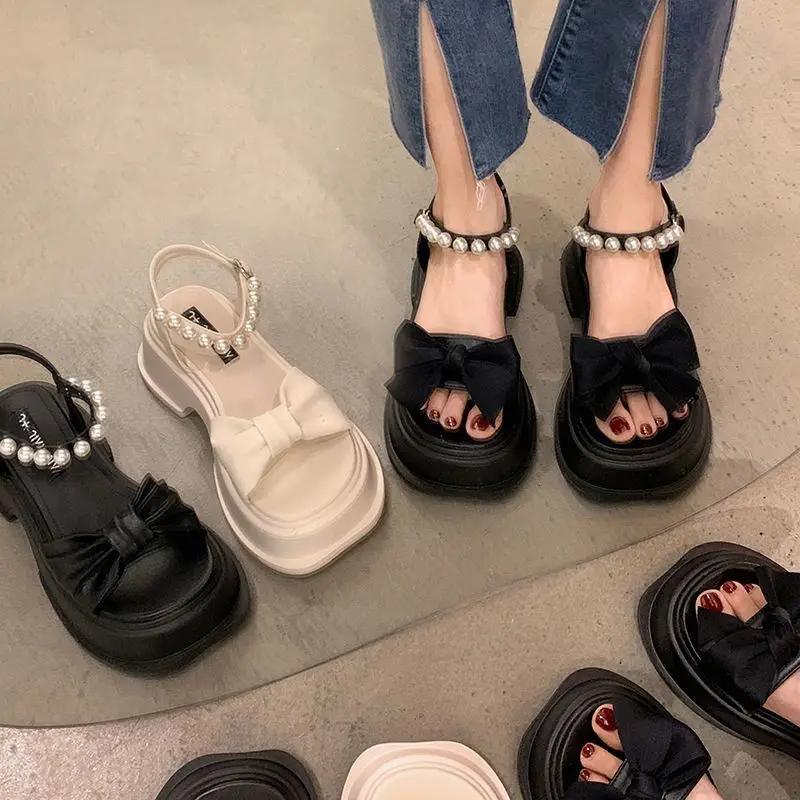 Summer 2025 Women's Shoes Black Block Heel Pearl One Word Footwear Beach Sandals for Woman Bow Korea F Luxury Designer On Offer