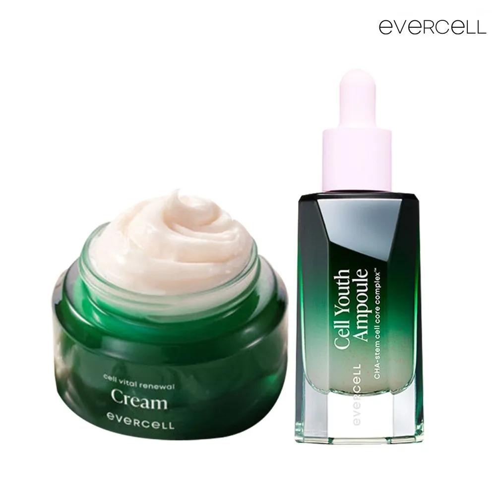 CHA Bio EVERCELL Cell Youth Ampoule + Renewal Cream Stem Cell Culture Solution Anti-aging