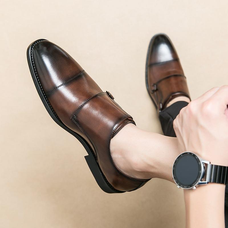 Męskie Skórzane Buty Formalne z Podwójnym Paskiem Monk Strap - Wsuwane Polerowane Buty Biznesowe