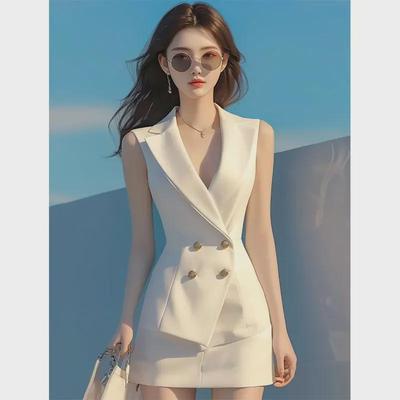 Professional Summer Xiaoxiang Style Women's White Suit Vest and Skirt Set.