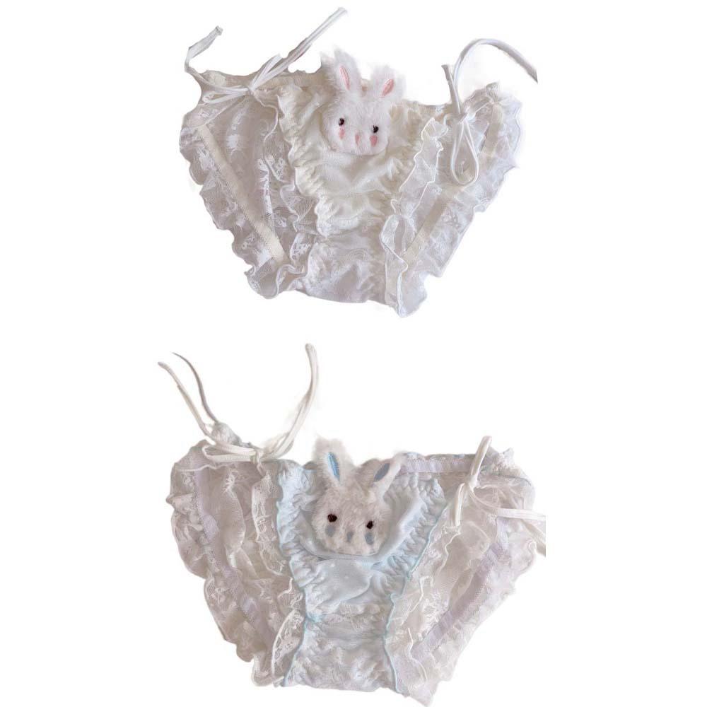 

2Pcs Hollow Out Rabbit Panties Underpants Mesh Ruffle Panties Comfortable Lace Up Briefs Women Lady 2Pcs Blue&White