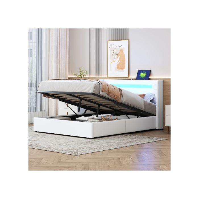 Lit rembourré - MUVOE - 140x200 - Bandes LED - Bluetooth - Chargeur USB