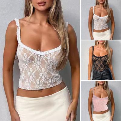 Women Sexy Lace Vest Sling Low Rise Sleeveless Short Tops Solid Color See-through Embroidery Lace Tank Tops