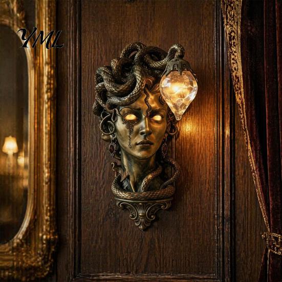 Warm Atmosphere Side Light Retro Gorgon Wall Lamp, Mythical Snake Hair Woman Resin Sculpture, Dark Style Garden Fixture Artistic Mounted for