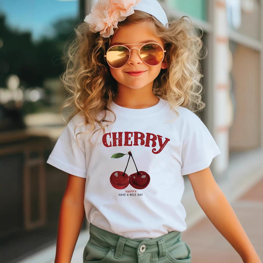 

Girls Casual Cherry Pattern T-shirt for Summer, Fashionable Short-sleeved Children s T-shirt 7-8Y білий