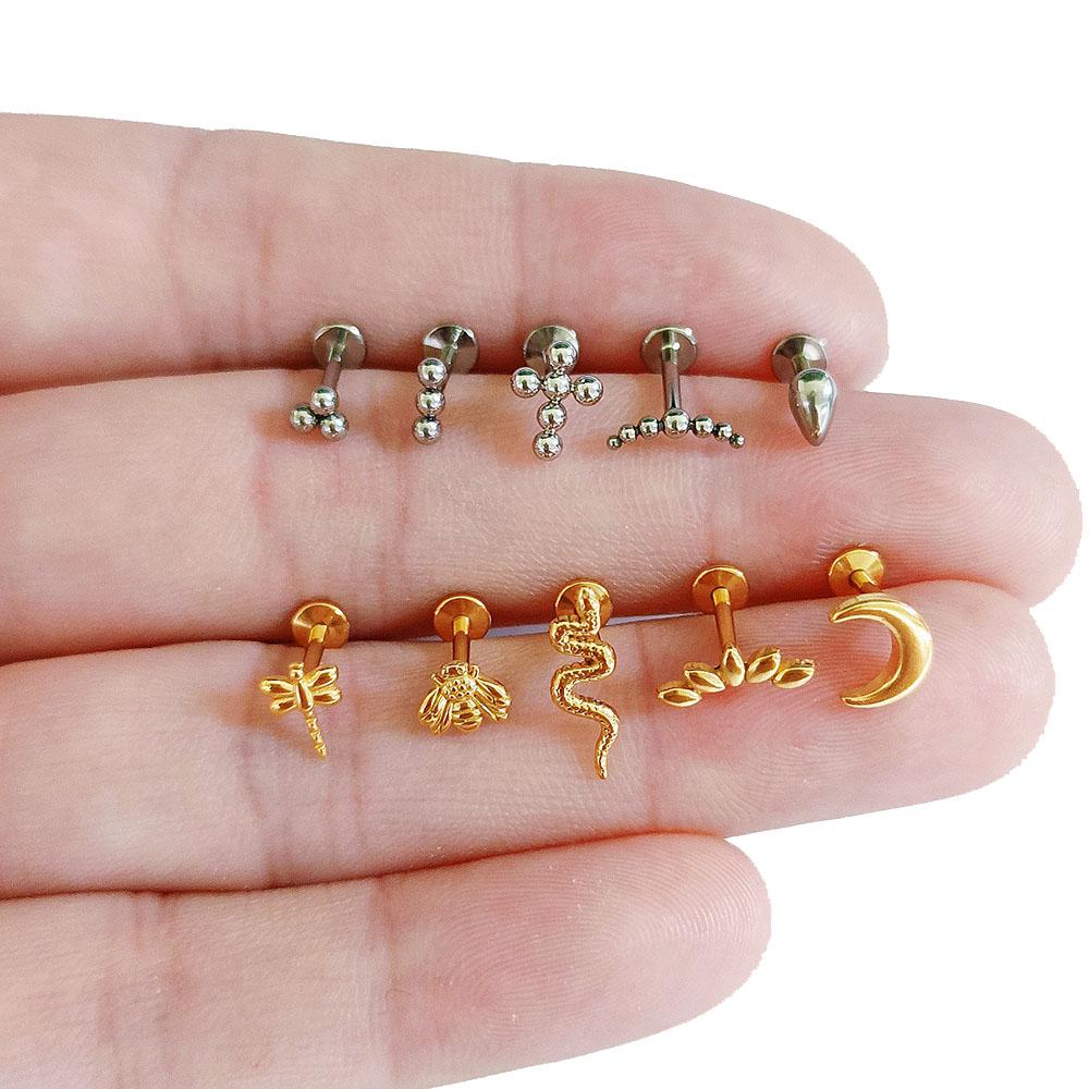 ASTM F136 G23 Titanium Snake Bee Drop Threadless Piercing Moon Cross Push In Labret Stud Flower Leaf Pin Daith Conch Earring 16G