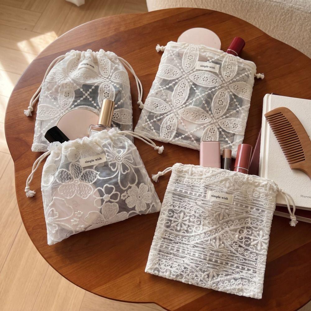 Retro Embroidery Flower Drawstring Pouch Hollow Out Cute String Bags Cosmetics Bag