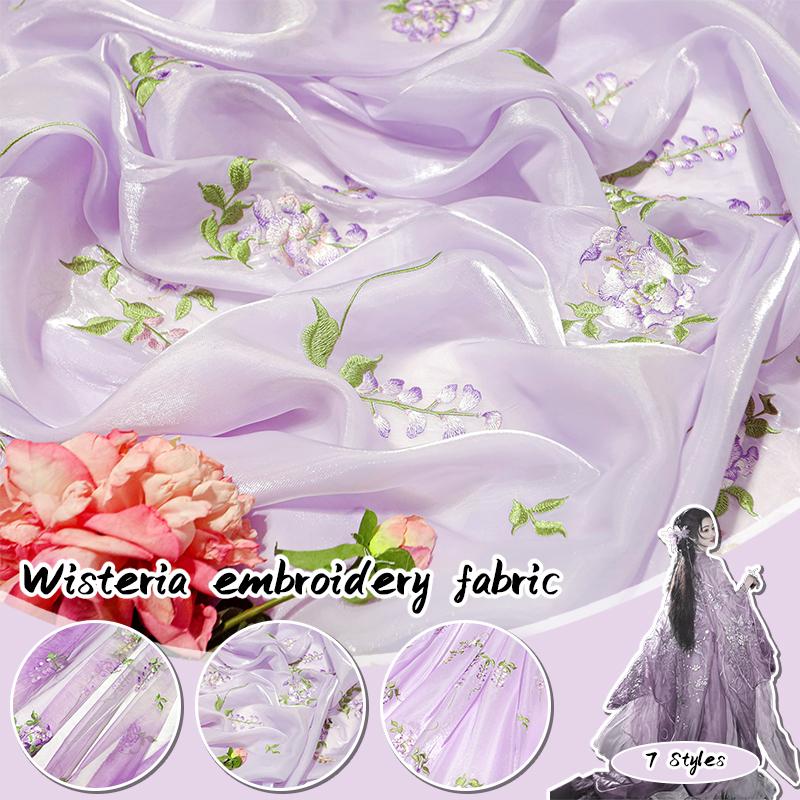 Chinese Style Wisteria Embroidery Fabric Super Fairy Flower Embroidery Edges Designer Fabric For Sewing Hanfu Dress Costume