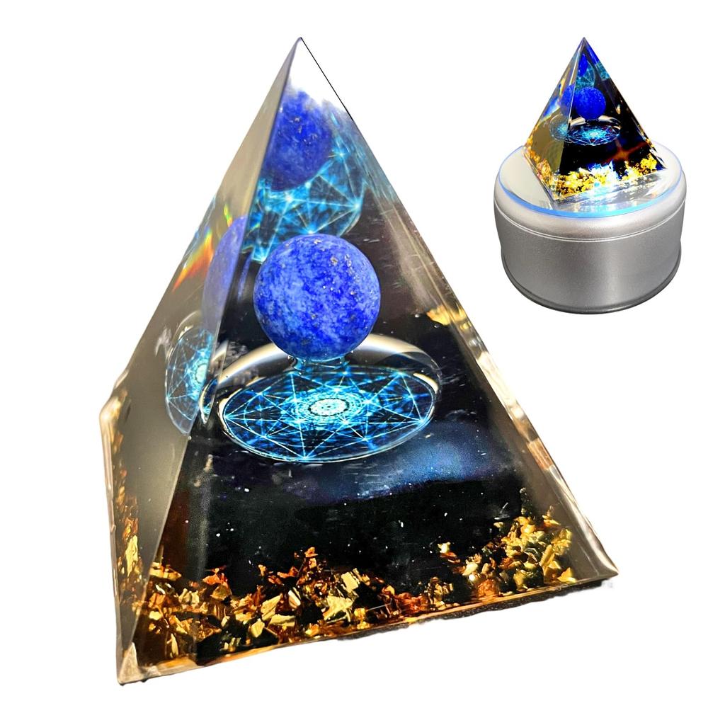 heizi Orgonite Power Stone Pyramid with LED Rotating Stand, Healing Aid, Crystal (Lapis Lazuli, Obsidian, Purification)