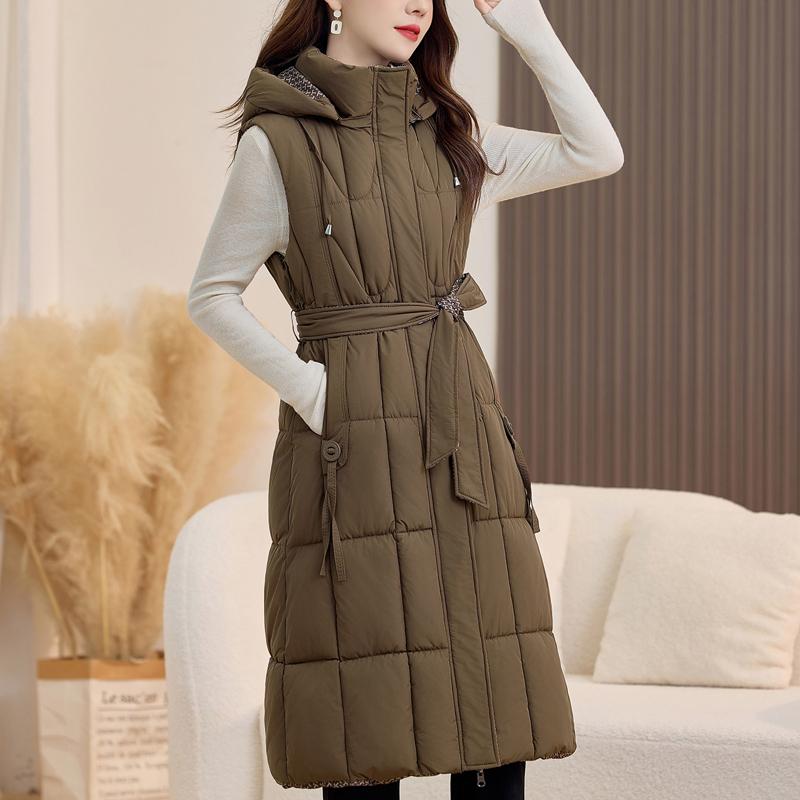 Fashion Winter Women's Long Warm Vest Hooded Can Be Worn On Both Sides Thick Sleeveless Jackets Woman Coat With Belt