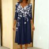 Women's Fashionable Color Printed Round Neck 3/4 Sleeve Button Collar Mid Length Casual Dress
