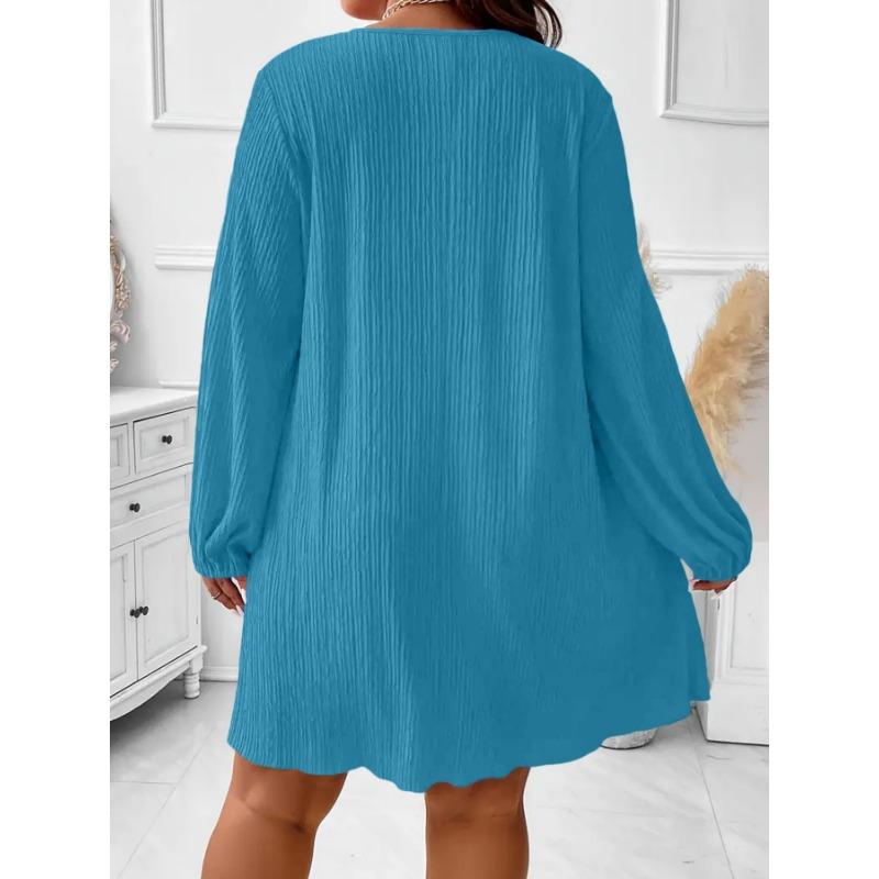 Women Fashion V Neck Long Sleeve Loose Plus Size Midi Dress