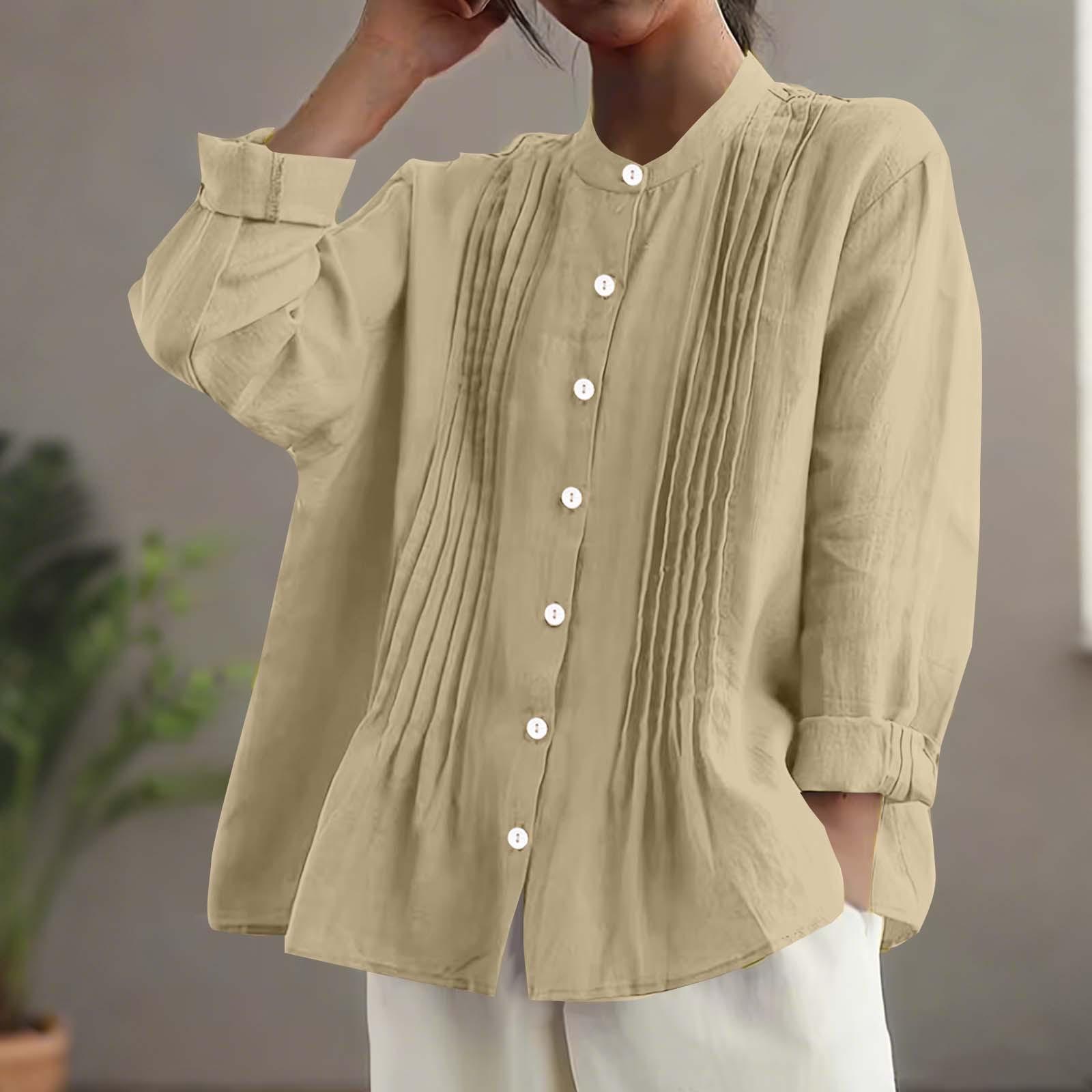

Women s Stand Collar Loose Fit Long Sleeve Button Down Shirt with Front Pleats XXL хакі