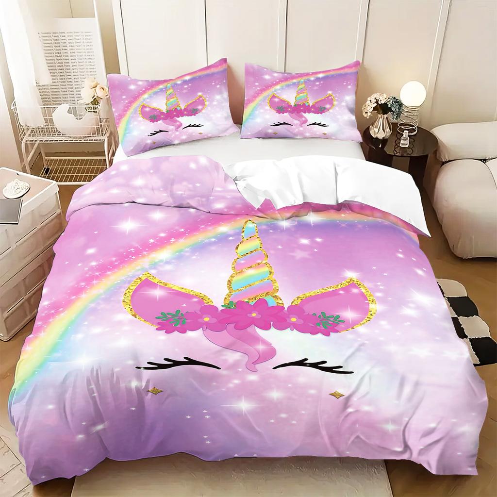 3 Stück Regenbogen Einhorn bedruckte Daunenbettbezüge, 1 Daunenbettbezug+2 Kissenbezüge, ohne Füllung. Weiches und bequemes Bettwäscheset